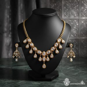 zanyacharms regal polki style teardrop necklace & earrings set | gold toned statement jewelry
